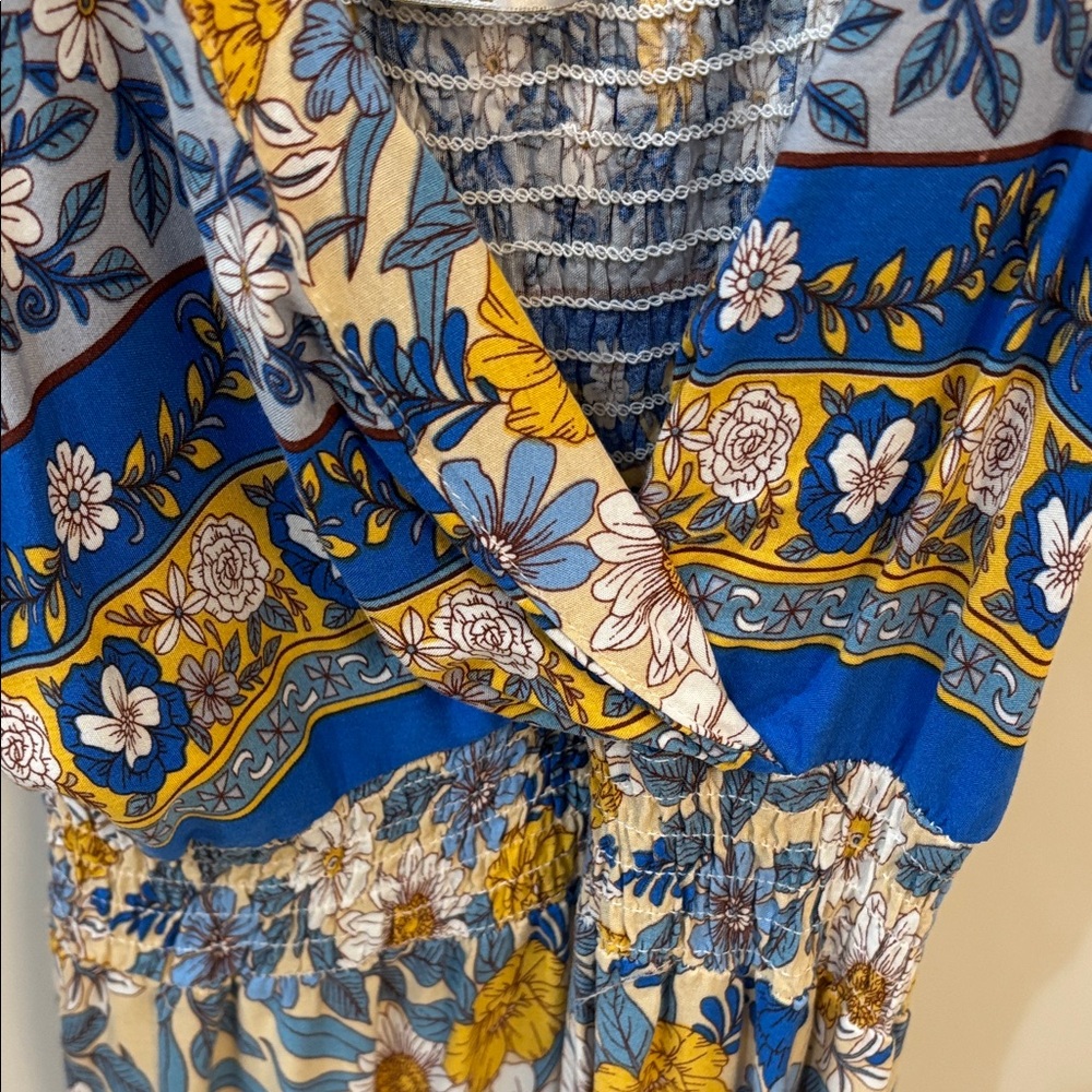 Blue and Yellow Floral Maxi Dress with Smocked Waist - Picture 3 of 5